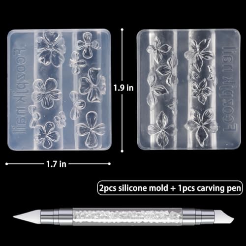 Fcozpjk Silicone Nail Art Molds, 2PCS 3D Flowers Nail Charm Molds with Carving Pen Clear Modeling Templates Hibiscus Flowers Cherry Blossom Design Mold for Resin Epoxy Professional Supplies