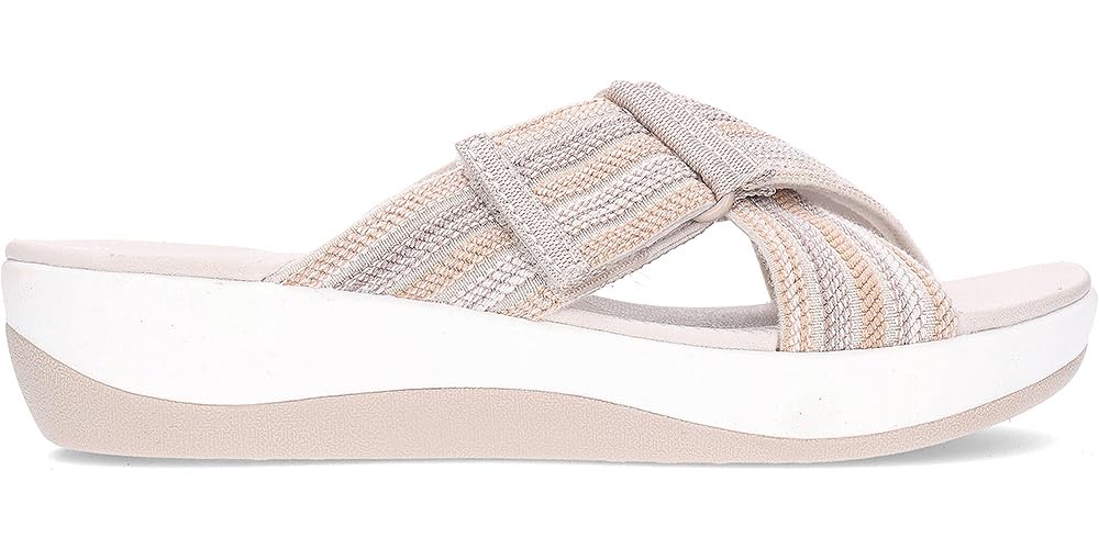 Clarks Women's Beige Arla Wave Combination Flat Sandals, Sliders | Size: 7/Standard Fit
