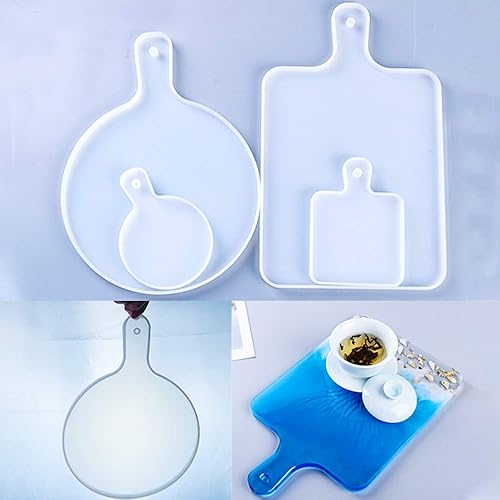 Miniatura 4 de FineInno 4 moldes de bandeja de resina, moldes rectangulares de silicona para tabla de cortar, moldes redondos de resina epoxi con asas, bandeja