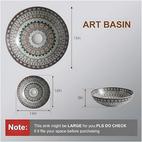 Image of BASSINO Designer Moroccan Ceramic Table Top Wash Basin /Multicolor Floral Art Bowl Sink for Bathroom /Handcrafted Round Countertop Washbasin for Office /Hotel(16 x 16 x 5 Inches)
