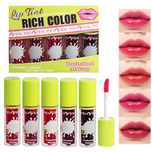 5 Pcs Lip Tint Stain Set,Lip Stain Long Lasting Waterproof And Sweat-Proof,High Colour Development Mini Liquid Lipstick Moisturizing Lip Makeup Non-Stick Cup Lip Tint For Women And Girls