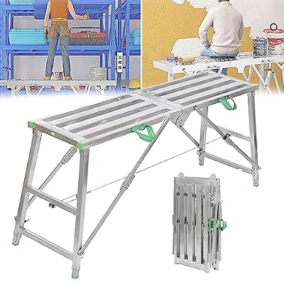 OUZVI Portable Folding Work Platform Scaffold Tower Ladder Stool Bench Adjustable Height Multipurpose Scaffolding Equipment for RV Cleaning High Painting Walls Galvanized Steel Welding Scaffold ()
