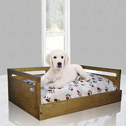 Iconic Pet Sassy Paws Wooden Pet Bed With Paw Printed Comfy Cushion For Dogs & Cats In Varying Sizes & Colors #TOP3
