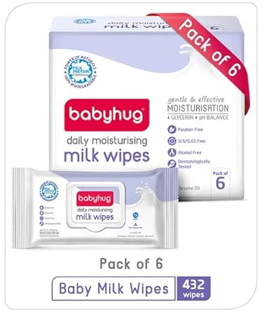 Babyhug Milk Daily Moisturising Baby Wet Wipes 98% Water Pack of 6-72 Pieces Each