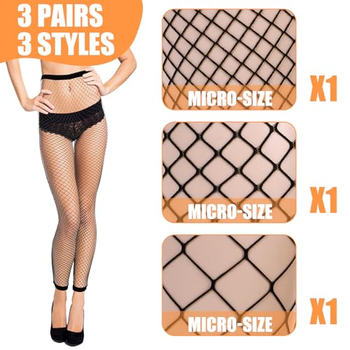 3 Pairs Women's Fishnet Stockings, Stretchy Footless Fishnet Tights Thigh High Waist Fish Nets Black Leggings Pantyhose for Women, One Size2