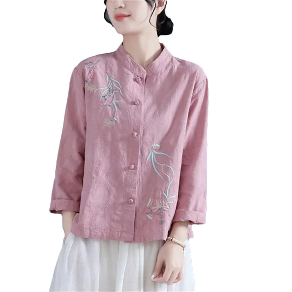 Style chinois brodé coton lin chemises printemps été boutonné manches longues col montant vêtements lâches tops