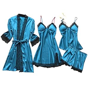 Pyjama en satin 4 pièces pour femme Ensemble de pyjama en coton Vêtement de nuit Mode Tentation Slim Fit Bretelles spaghetti Lingerie Sexy Vêtements de nuit confortables Loisirs Sleepwear