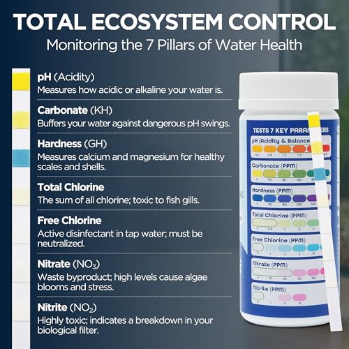 Image of Pond Test Strips 7-in-1 (50 Pack) - Fish Tank & Pond Water Testing Kit for Freshwater & Saltwater - Quick & Accurate Aquarium Water Test Kit for pH, Nitrate, Nitrite, Hardness