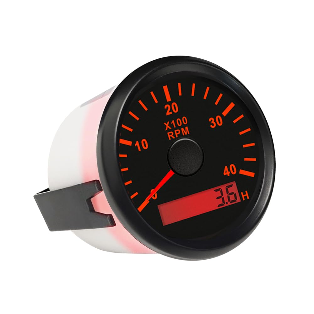 ELING Tacómetro de 52 mm medidor de calibre de 4000 RPM con retroiluminación roja con contador de horas para buques tractores