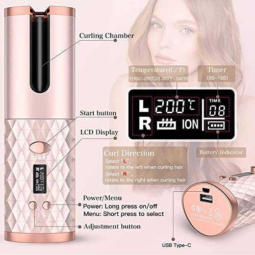 Automatic Curling Iron, Cordless Automatic Hair Curler With Adjustable Temperature & Timer Lcd Display Hair Curler Usb Charging And Rechargeable Portable Hair Curlers For Long Hair (Pink) #TOP1