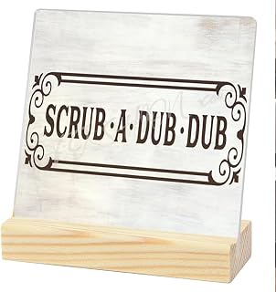 Home Office Desk Decor, Shelf Ornament, Scrub A Dub Dub Sign Bathroom Sign Bath Sign Rules Sign Funny Rustic Farmhouse Acrylic Sign Decor 4 x 4 Inches