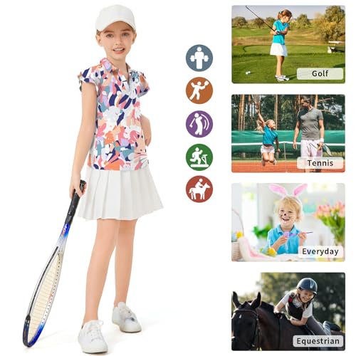 Image of Soneven Girls Ruffle Sleeve Polo Shirts V-Neck Golf Tennis T-Shirts Uniform Shirts Quick Dry for 4-14 Years