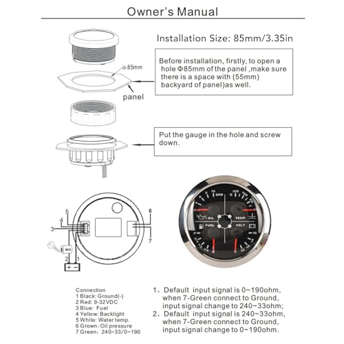 Keenso Kraftstoffstandsanzeige, 4in1 85 Mm Anzeige Multifunktions-Kraftstoffstand Öldruck Wassertemperatur Voltmeter DC 8 Bis 16 V für Auto Wohnmobil Boot Motorrad (Schwarz °C/BAR)