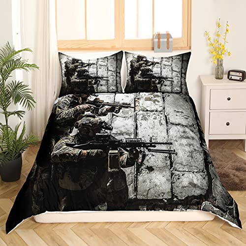 American Soldier Comforter Cover, Boys Teens Under Mission Duvet Cover, Army Rifle Machine Gun Bedding Set, Military Themed Quilt Cover Queen Camouflage Bedroom Decor For Youth Man Gamer Room Decor #TOP3