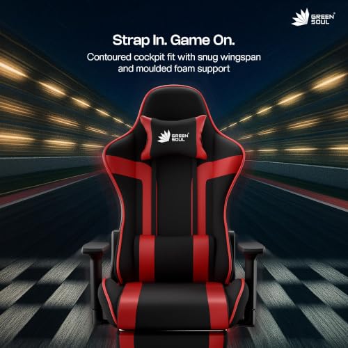 Image of Green Soul Raptor Pro Racing Edition | Ergonomic Gaming Chair with Massager & Legrest | Premium Fabric | 3D Armrest | Adjustable Neck & Lumbar Pillow | 3 Year Warranty (Black & Red)