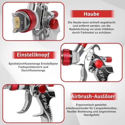 Potufa HVLP Lackierpistole Spritzpistole Kit mit 4 Düsen - 1,4mm & 1,7mm & 2,0mm & 2,5mm, Profi Lackierpistole Druckluft Schwerkraft Sprühgeräte mit 600 ml Plastikbecher (Rot)