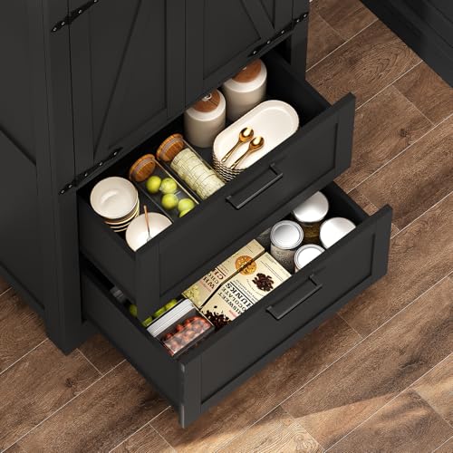 Image of TEENFON 66.1 inch H Storage Cabinet, Farmhouse Kitchen Pantry Cabinet with 2 Drawers & Adjustable Shelf, Bathroom Cabinet, for Living Room, Kitchen, Bathroom, Black