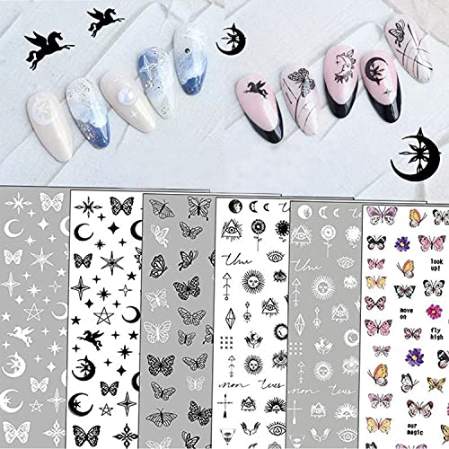 Metallic Nail Sticker 3D Self-Adhesive Nail Decals Black White Butterfly Star Moon Line Nail Design Stickers Constellation Decals Diy Nail Tips Decorations Manicure For Women Girls 6Sheets #TOP3
