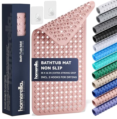 Bathtub Mat Non Slip 35x16 - homerella® Bath Mat Incl. Hooks for Drying, Extra Long, 100% BPA Free, Shower Mat Non Slip Anti Mold, Machine Washable, Shower Mats for Inside Shower Mildew Resistant