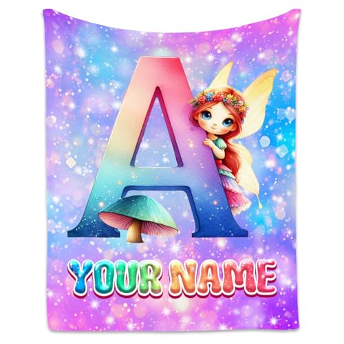 Blanket for Girls - Custom Kids Blankets with Name - Fairy Gifts for Toddlers Kids - Flannel Fuzzy Initial Throw for Sofa & Office