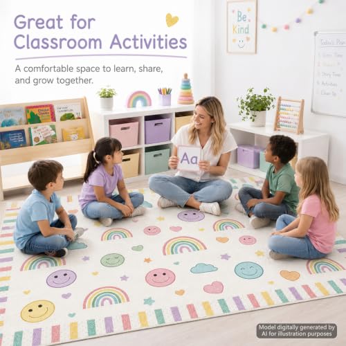 gisgfim Classroom Rugs Elementary 5x7.6ft Classroom Seating Rug Large Preschool Carpet Pastel Happy Face Playroom Rug Seating Decor Carpet for Students Teaching Playroom Elementary(Pastel) - Image 4