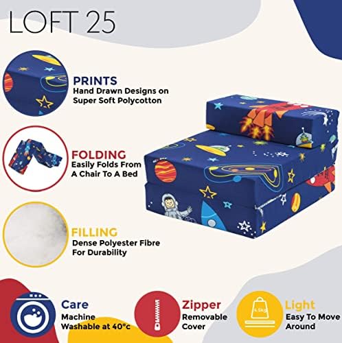 Ready Steady Bed Children Kids Fold Out Sleepover Z Bed Sofa | Toddler Single Folding Chair | Great for Playroom Bedroom Living Room | Lightweight & Comfy (Space Boy)