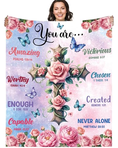 Christian Inspirational Gifts Blanket for Women: Bible Verse Throw Blanket with Cross Rose Butterfly, Religious Prayer Comfort Blanket Birthday Gifts for Mom Grandmother Pastor Wife Appreciation
