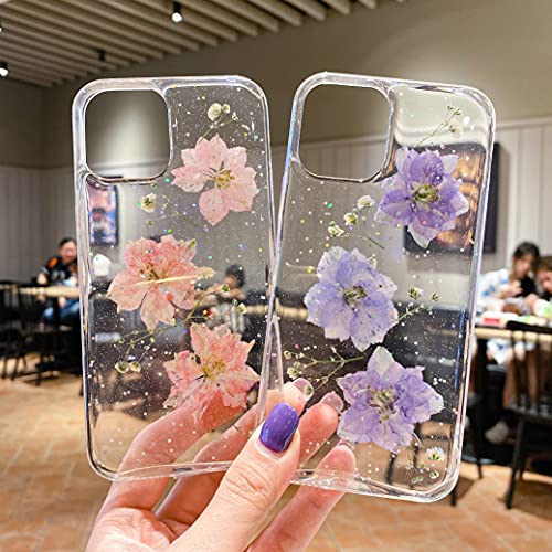 iPhone 14 対応 クリア 可愛い ケース, CrazyLemon 人気タイプ 綺麗 オシャレ 美しい 紫 パープル 本物の花 花びら 花柄 デザイン キラキラ グリッター 薄型 軽量 透明 ソフト シリコーン アイフォン 14 ケース カバー 耐衝撃 バンパー レディース 女性向け - 04