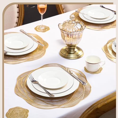 Sieral 48 Set 15 Inch Round Pressed Vinyl Placemats Hollow Out Rose Placemat Set Metallic Slip Resistant Place Mat Coaster Including Place Mats and Coasters for Wedding Dining Kitchen (Gold) by Sieral - Image 3