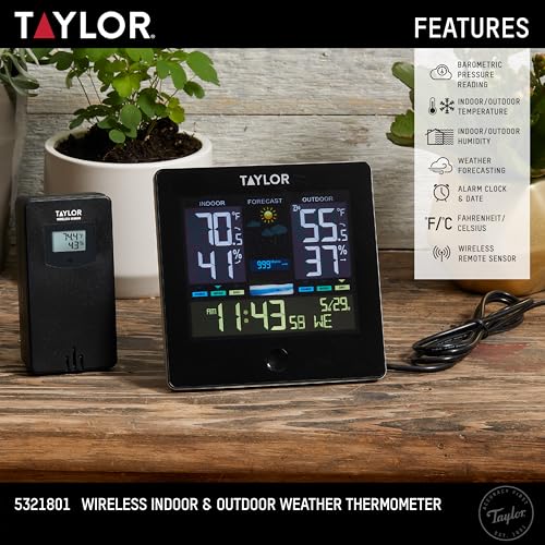 Image of Taylor Digital Wireless Deluxe Indoor Outdoor Thermometer, Weather Station Forecaster, Calendar with Clock, Easy-to-Read Display for Home, Office, Greenhouse, Nursery, and Indoor Areas, LCD, Black