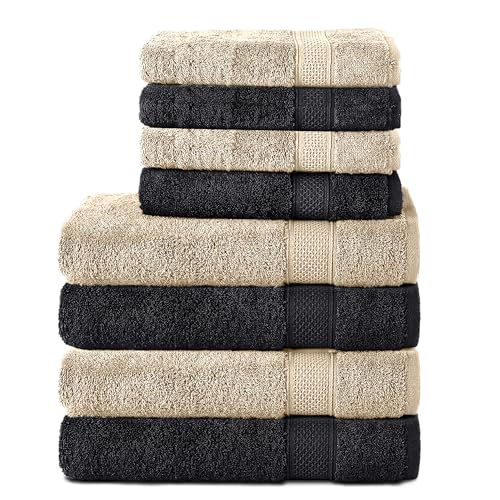 Komfortec 8er Handtuch Set aus 100% Baumwolle, 4 Badetücher 70x140 und 4 Handtücher 50x100 cm, Frottee, Weich, Towel, Groß, Schwarz/Beige
