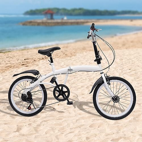 20-inch White Folding Adult Bike, Lightweight Folding City Bike, 7-Speed Shift Adjustable Bike, High Carbon Steel Full Suspension Mountain Bike Bike with Adjustable Seat, Dual V-Brake System.
