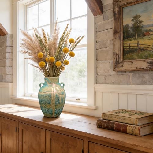 Rustic Farmhouse Ceramic Flower Vase - 10 inch Large Decorative Vase with 2 Handles, Handcrafted Blue Green Modern Boho Home Decor Centerpiece for Living Room, Bedroom, Shelf or Office - Image 3