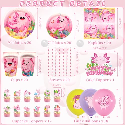Miniatura 2 de Obussgar Peladillas Axolotl Rosa Para Fiesta De Cumpleaños - Suministros Para Fiesta Axolotl Incluidos Banner, Platos, Cake Topper, Taza, Servilleta, Globo, Mantel - Para 20 Personas Lq