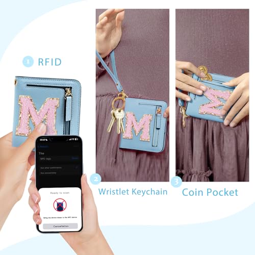 Image of COSHAYSOO Initial Wallet RFID Small Bifold Slim Letter Wallet for Women Teenager Girls Travel Daily Necessities Credit Cards Money Cash Coin Organizer, Blue pink, Compact, M