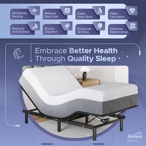 Image of Celestial Aurora Adjustable Bed Base (Frame) + 8 inch Gel Memory Foam Mattress (Firm), Easy Assembly, Head and Foot Lift, Zero Gravity, Memory Positions, CertiPUR-US Bed - TwinXL