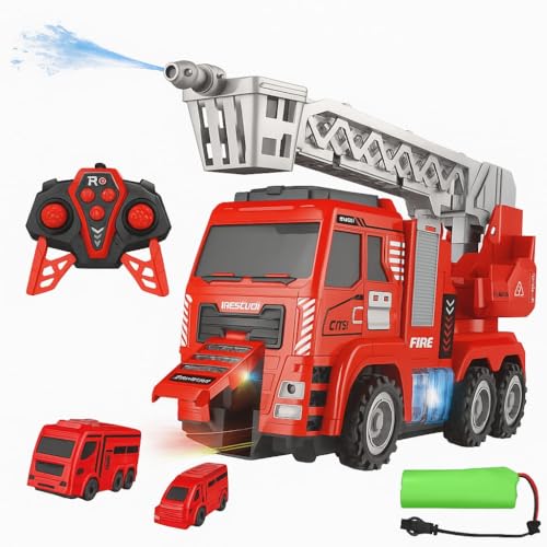 Image of K D Remote Control Ejector Fire Truck, Rechargeable Fire Brigade Automatic Rescue fire Truck, with Water Spray, Extending Ladder, Flashing Lights, Siren and 3 Mini Fire Vehicles Cars (Age 3+)