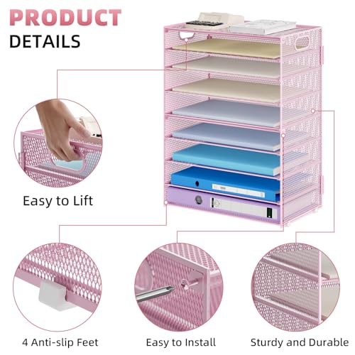 Image of Marbrasse Paper Organizer Letter Tray, 9 Tier Mesh File Organizer with Handle, Paper Sorter Desk Organizer for Home Office Supplies - Pink