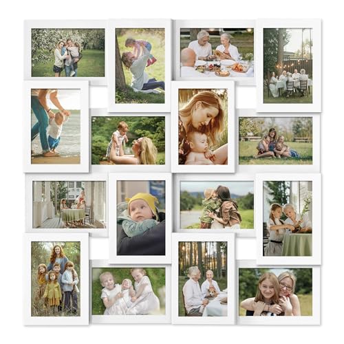 J.M.Deco Collage Picture Frames for Wall 16 Opening, Large Photo Frame Collage Wall Hanging for 4x6 Photo, Reunion Friends Family Memory, Christmas Gift -Pure White