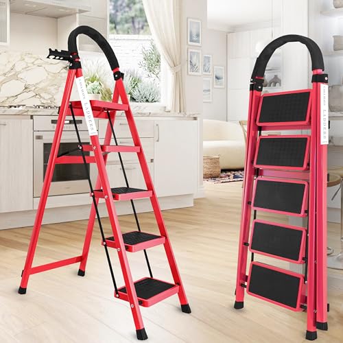 Image of Red 5 Step Ladder for Home Use with Built-in Tool Tray | Heavy Duty D Shape Rods | Ultra Large Platform | Wide Rubber Feet | 150Kg Capacity Foldable Ladder - 7 Years Warranty