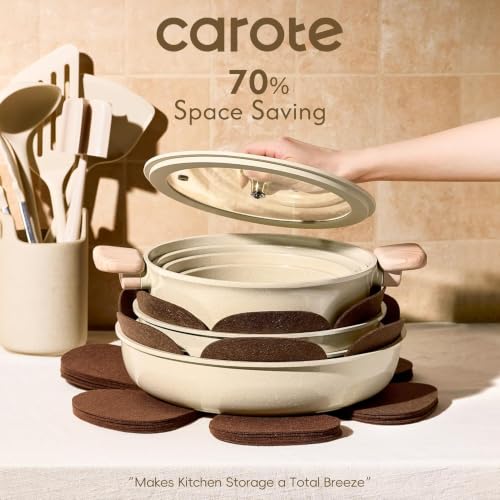 Image of CAROTE 49pcs Pots and Pans Set, Ceramic Cookware Set with Detachable Handle | Baking Pans Set, Knife Set, Non Stick, Induction Compatible, Dishwasher& Oven Safe, Space Saving, for Kitchen /RV /Camping