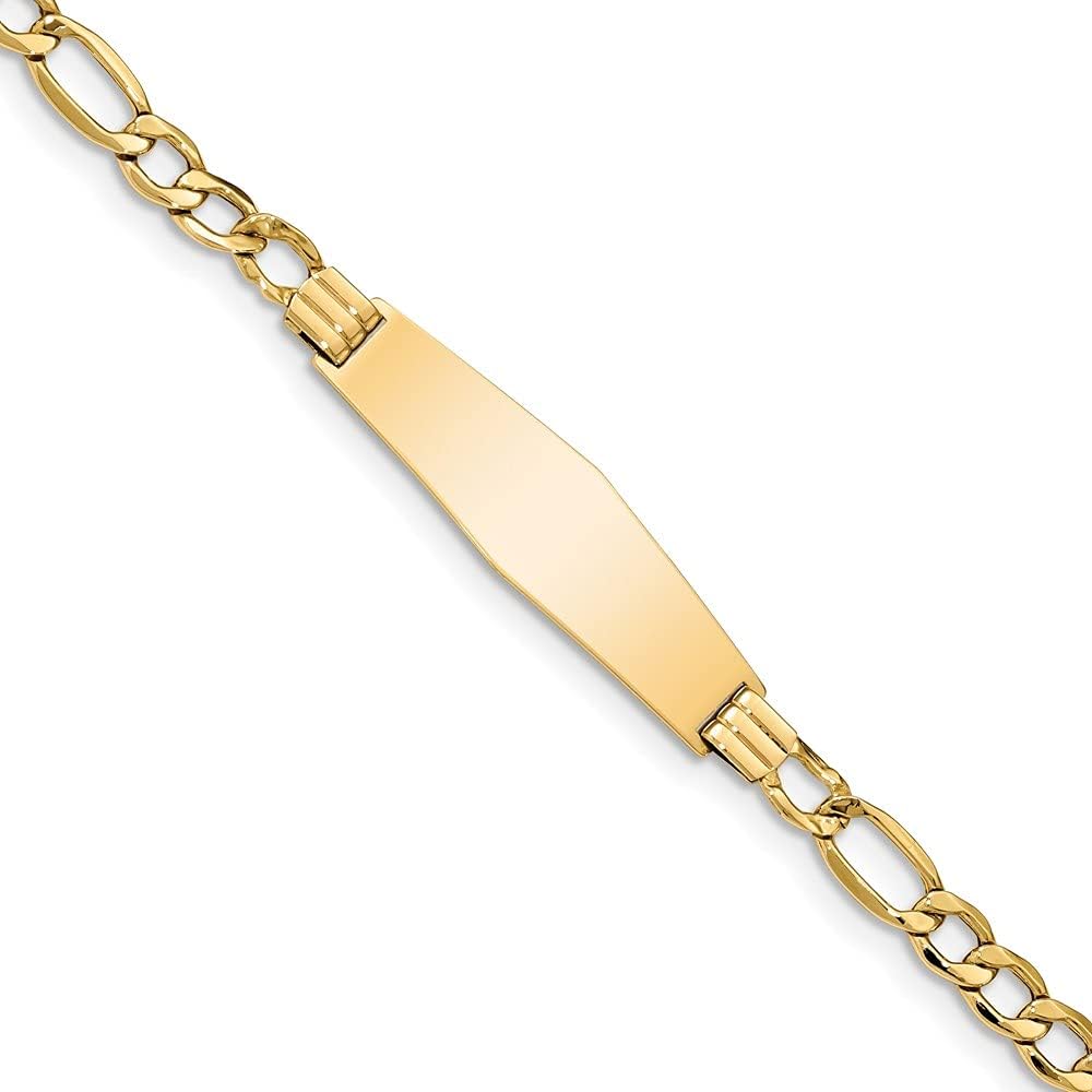 Engravable Personalized Custom 14K Yellow Gold Polished Semi-Solid Soft Diamond Shape Figaro ID Bracelet For Men or Women Length 7 inches Width 10 mm