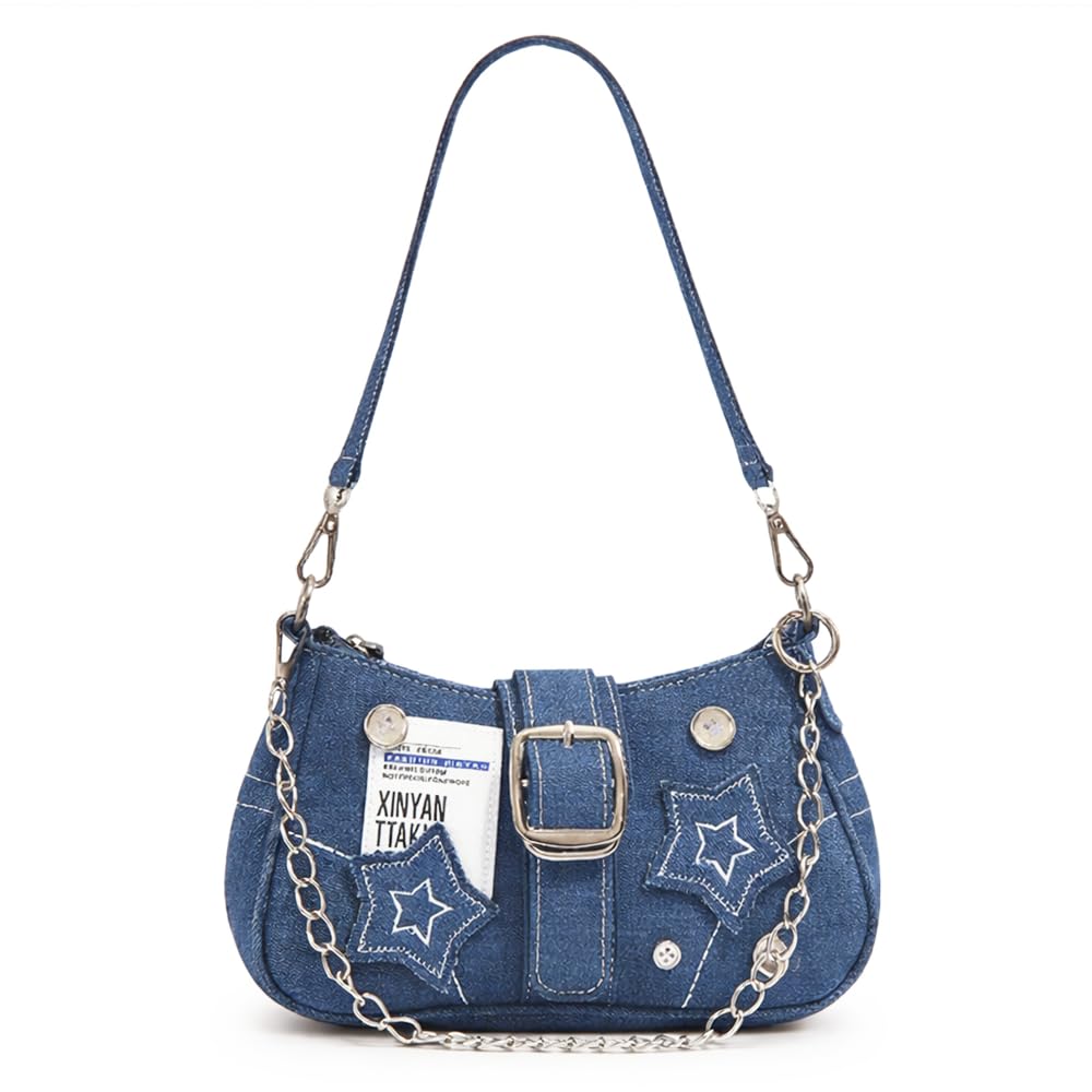 Women’s Denim Shoulder Bag with Chain Strap, Y2K Style Mini Handbag, Underarm & Crossbody Sling Purse with Star Patch Design, Zipper Closure, Compact Daily Use Bag-image-10