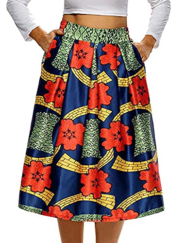 940 - Vintage High Waist Floral African Ethics Printed Skater A-Lined Midi Plus Size Skirt (Short Red, M)
