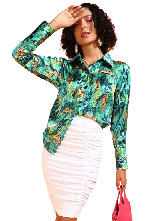 Image of POPWINGS Printed Full-Sleeves Regular-Fit Satin Printed Shirt for Women Stylish Western Casual Wear