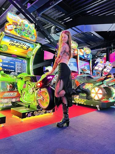 richealnini Platform Biker Riding Boots for Women Front Lace Up Punk Boots with Side Zipper and Block Heels2