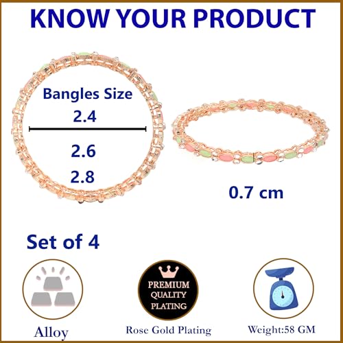 Image of ZENEME Rose Gold-Plated Lime Green & White Oval Shaped AD studded Handcrafted Bangles Set for Girls and Women (Set Of 4) (2.8)