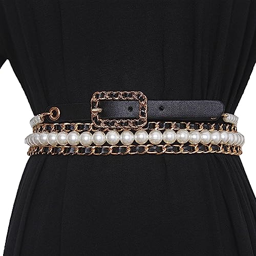 Fashion Versatile Pearl Decoration Leather Belt Women's Dress Pants Skirt Long Waist Decoration Waist Chain
