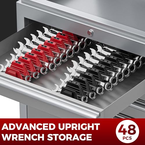Image of PINOZE 48PCS Magnetic Modular Wrench Organizers for Tool Drawers - Black & Red - Wrench Rack with Metric & SAE Labels, Customizable Magnet Tool Storage Holder for Tool Box Organization