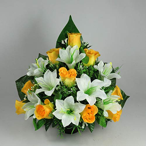 Flat back artificial flower grave arrangement in grave pot/vase yellow and white